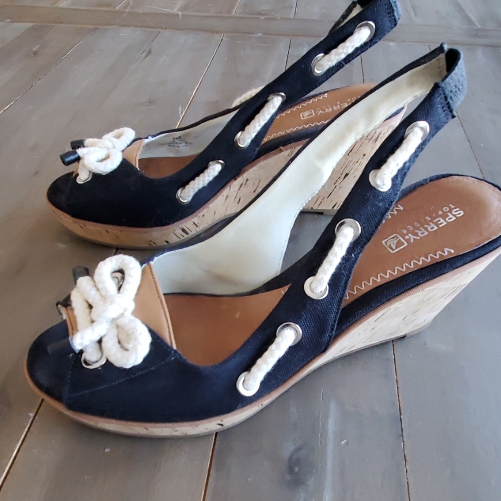 Sperry Black wedge shoes with rope detail